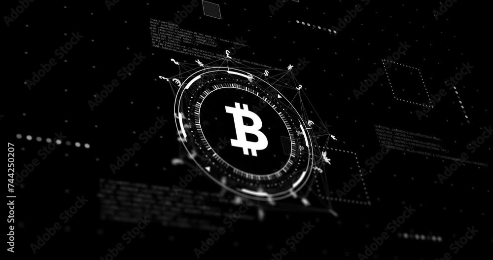 Poster animation of network with data processing and bitcoin signs over black background