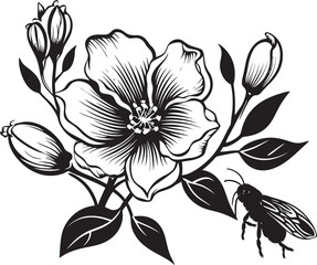Petal Partners Black Vector Flower Bud and Bee Logo Bloom Buzz Vector Flower Bud and Bee Design in Black