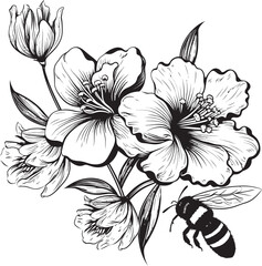Buzzing Blossoms Minimalist Black Vector Design with Flower Bud and Bee Petal Paradise Vector Flower Bud and Bee Emblem in Black