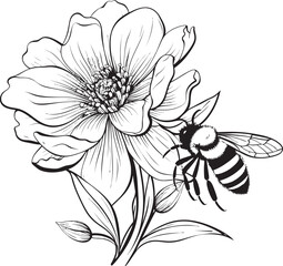 Bee Ballet Minimalist Black Vector Design with Flower Bud and Bee Floral Flight Vector Flower Bud and Bee Logo in Black