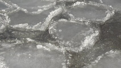 Pans of ice bump against each other in gentle swell of northern sea