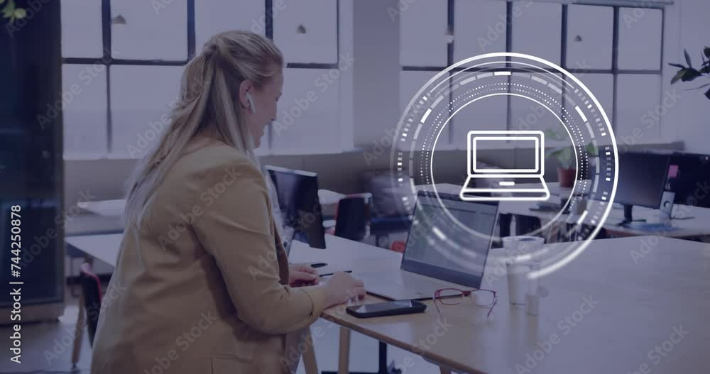 Poster animation of scope, computer icon and data processing over caucasian businesswoman using laptop