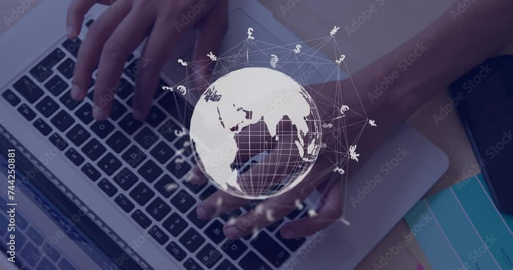 Poster animation of globe and data processing over caucasian woman using laptop