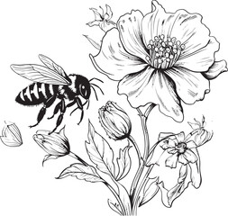 Bee Blooms Vector Flower Bud and Bee Emblem in Black Natures Canvas Black Vector Flower Bud and Bee Iconography