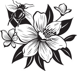 Petal Paradise Vector Flower Bud and Bee Logo in Black Garden Grace Black Vector Flower Bud and Bee Symbol