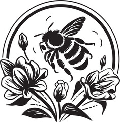 Harmony in Bloom Minimalist Black Vector Design with Flower Bud and Bee Bee Beautiful Vector Flower Bud and Bee Logo in Black