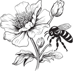 Botanical Bliss Minimalist Black Vector Design with Flower Bud and Bee Floral Buzz Minimalist Black Vector Icon