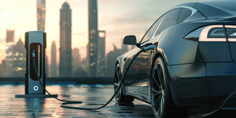 Electric Car Charging at a Station With Futuristic Cityscape in the Background at Sunset