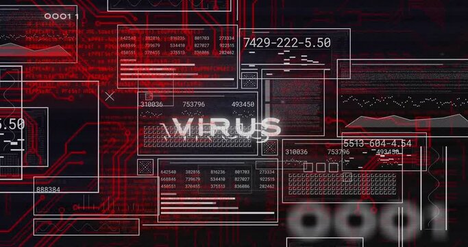 Animation of virus text and data processing on interface screens on black background - Powered by Adobe
