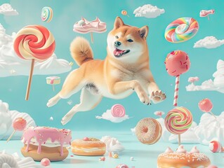 ice cream fantasy pastel , cat and dog in bakery land, soft Pastel sweet and flower on sky, dog and cat flying in candy land