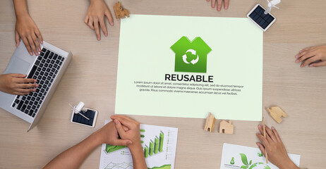 Reusable illustration placed at meeting table during a green business meeting discussion. ESG :...