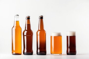 A lineup of full and empty beer bottles with a filled glass. Celebration Ready: Beer Bottles and Glasses