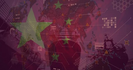 Animation of ships and data processing over flag of china - Powered by Adobe