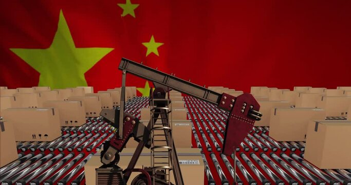 Animation of pumping oil derrick and boxes on conveyor belts at warehouse over flag of china