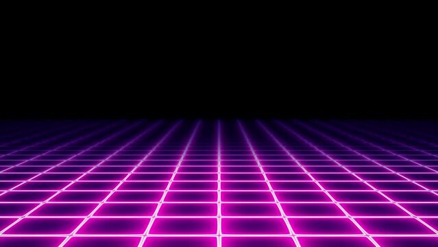A pink 1980s vaporwave-style electric neon grid, moving towards the viewer. Retro-futuristic animation element, vibrant energy, loopable.