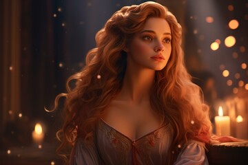Cute sexy princess. Dress gold. Fictional person. Generate Ai