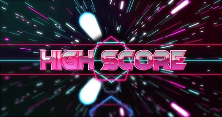 Animation of high score text in metallic pink over neon hexagons and lights on black background - Powered by Adobe