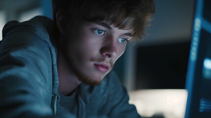 a computer-savvy young man looking at computer screen with a web browser opened, realistic environment, business, technology. generative AI