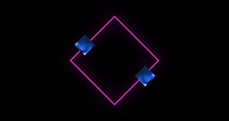 Animation of strobing blue and pink neon light beams over 3d blue diamonds and pink diamond on black