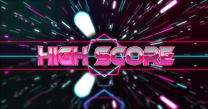 Animation of high score text in metallic pink over neon hexagons and lights on black background - Powered by Adobe