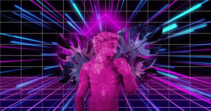 Animation of pink classical statue and leaves distorting over grid and neon beams on black
