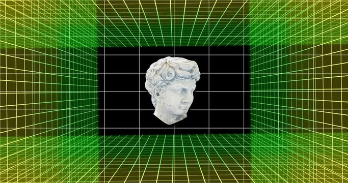 Animation of classical statue head distorting over pink grids on black