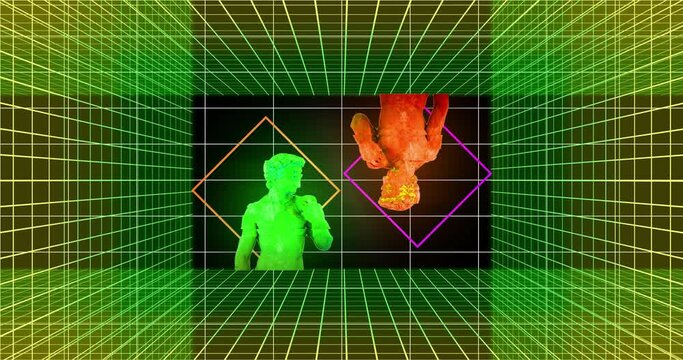 Animation of light beams and classical statues changing colour over pink grids on black