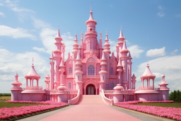 Pink princess castle tower. Story tale. Generate Ai - obrazy, fototapety, plakaty