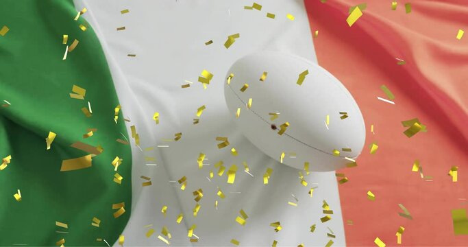 Animation of confetti over white rugby ball and flag of italy