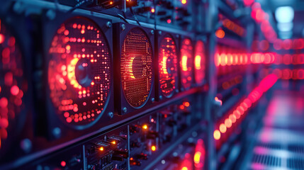 Obraz premium data center, cryptocurrency mining, wires, neon, motherboard, modern technology, electronics, engineering infrastructure, IT, computer, equipment, server, information, network, internet