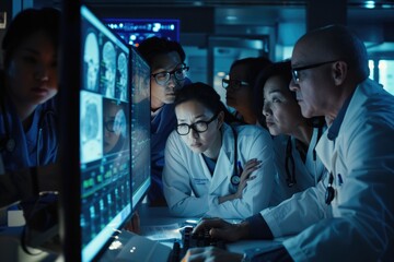 Multidisciplinary Medical Team Concentrating on Brain MRI Images on Monitors in a Diagnostic Room