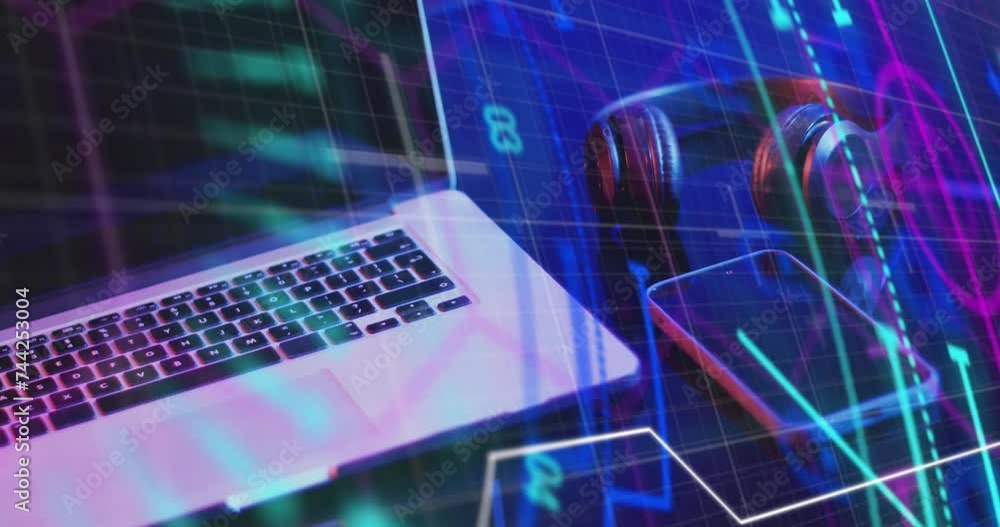 Poster animation of screens with data processing over laptop