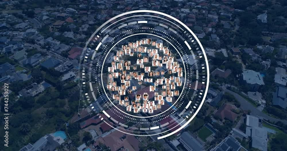 Poster animation of scope with photos and data processing over cityscape