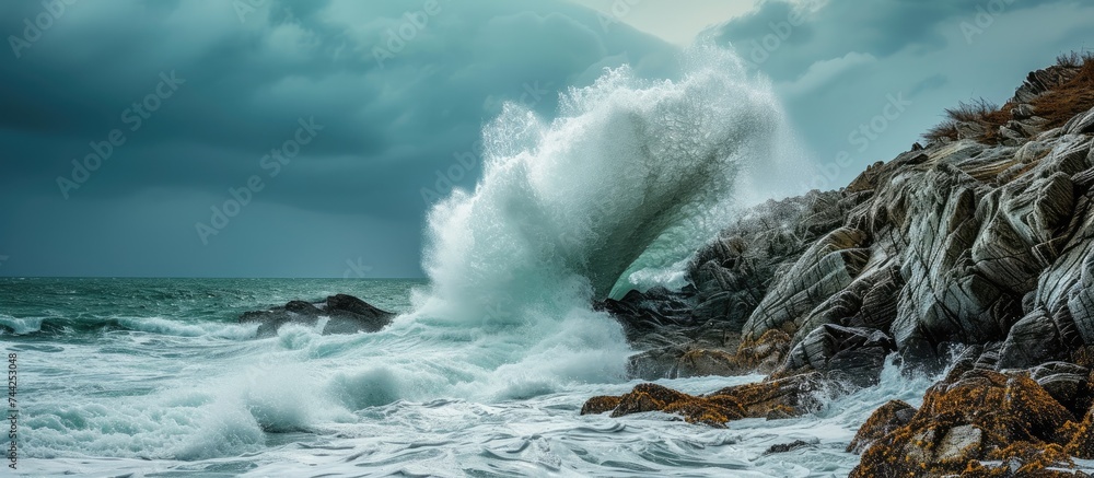 Poster an awe-inspiring photo capturing the sheer power and force of a massive wave as it collides with a r