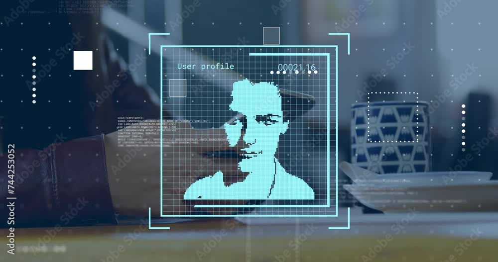Poster animation of biometric photos data processing over caucasian man using smartphone