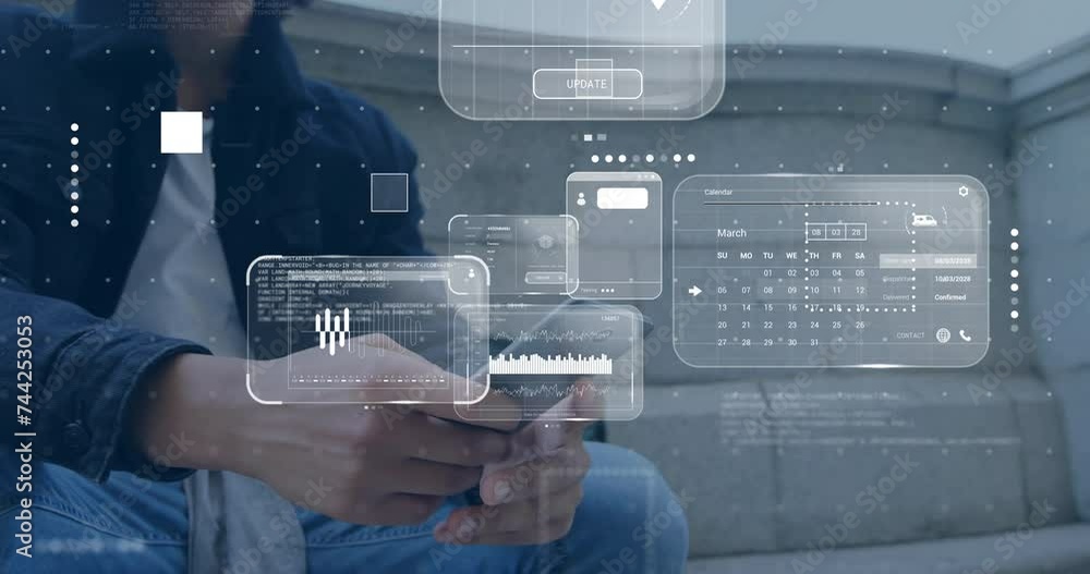 Poster animation of data processing over caucasian man using smartphone