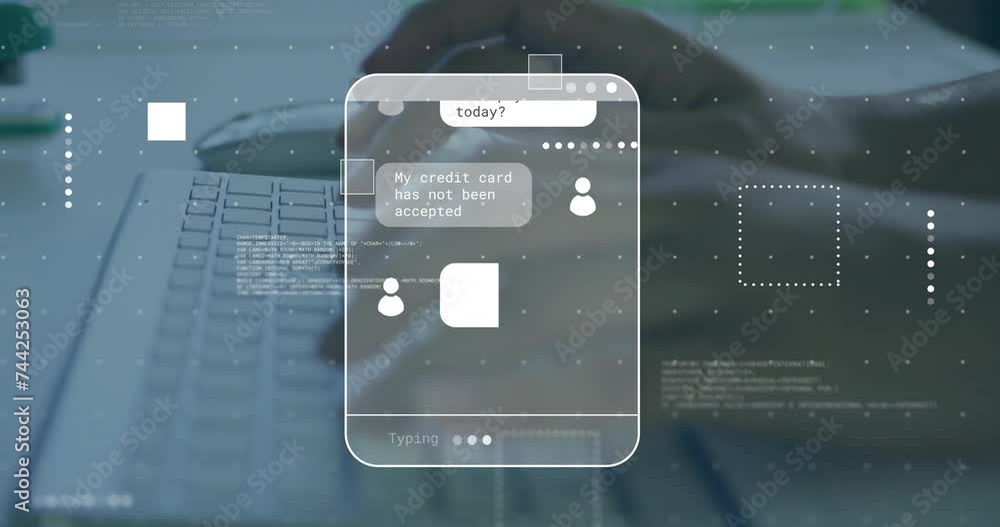 Poster animation of screens with data processing over caucasian man using computer