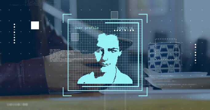 Animation of biometric photos data processing over caucasian man using smartphone