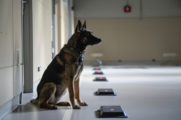 Obedient German Shepherd Sitting Patiently During Scent Detection Training in a Controlled Facility