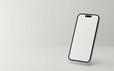 Floating smartphone on white background with elegant soft sunlight shadows. Aesthetic copy space mockup template