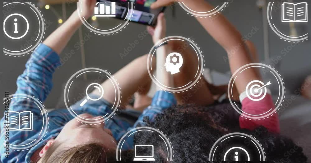 Poster animation of icons and data processing over diverse women using smartphone