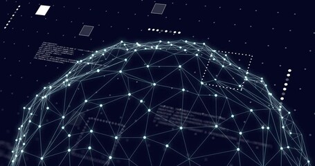Animation of globe with connections and data processing over black background - Powered by Adobe