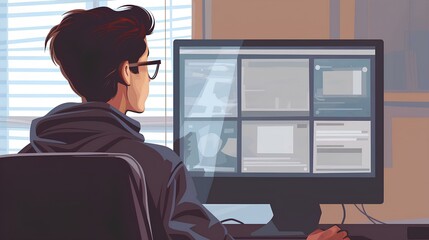 a computer-savvy young man looking at computer screen with a web browser opened, realistic environment, business, technology, 2d flat simple illustration. generative AI