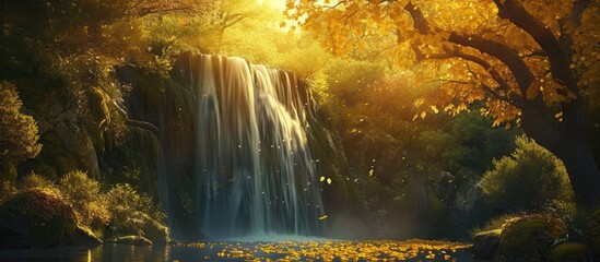 This photo depicts a captivating painting of a waterfall nestled amidst a stunning yellow leaf forest.