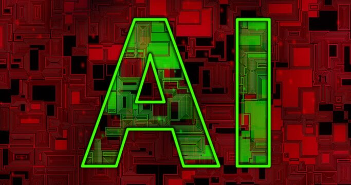 Animation of ai text and data processing over red background