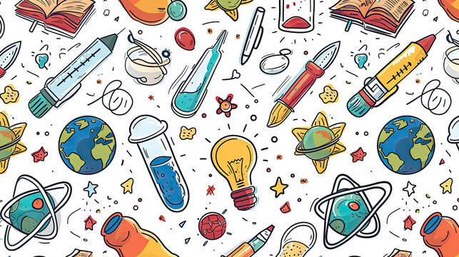 Science Seamless Pattern with Cartoon Doodle Elements