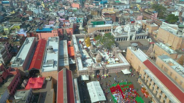 AERIAL view of Dashashwamedh Ghat, Kashi Vishwanath Temple and Manikarnika Ghat Manikarnika Mahashamshan Ghat Varanasi India