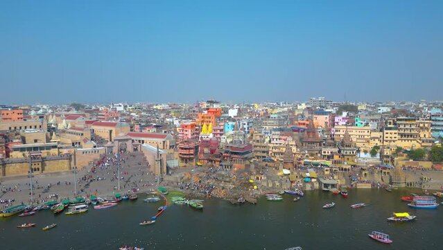 AERIAL view of Dashashwamedh Ghat, Kashi Vishwanath Temple and Manikarnika Ghat Manikarnika Mahashamshan Ghat Varanasi India