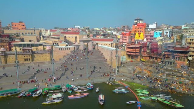 AERIAL view of Dashashwamedh Ghat, Kashi Vishwanath Temple and Manikarnika Ghat Manikarnika Mahashamshan Ghat Varanasi India