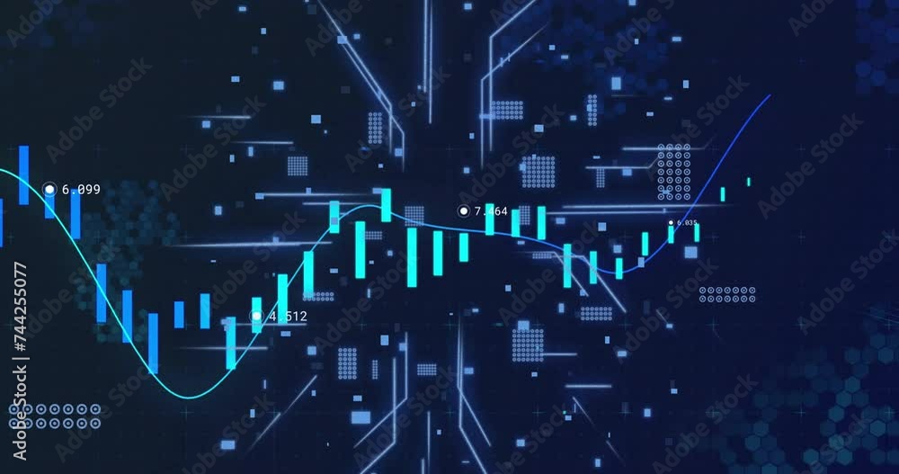 Poster animation of financial data processing over circuit board background